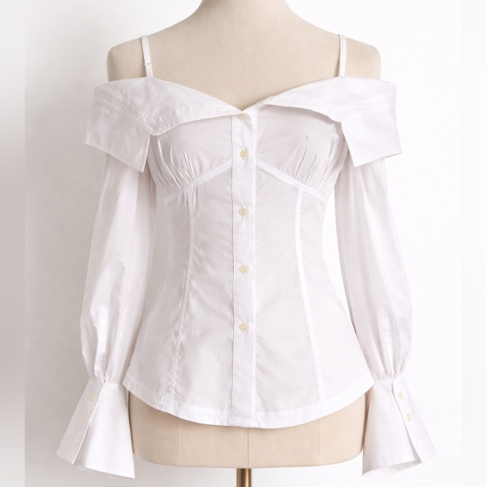 SIMKHAI White Cotton Off-The-Shoulder Button Down Top - Size M (Excellent)